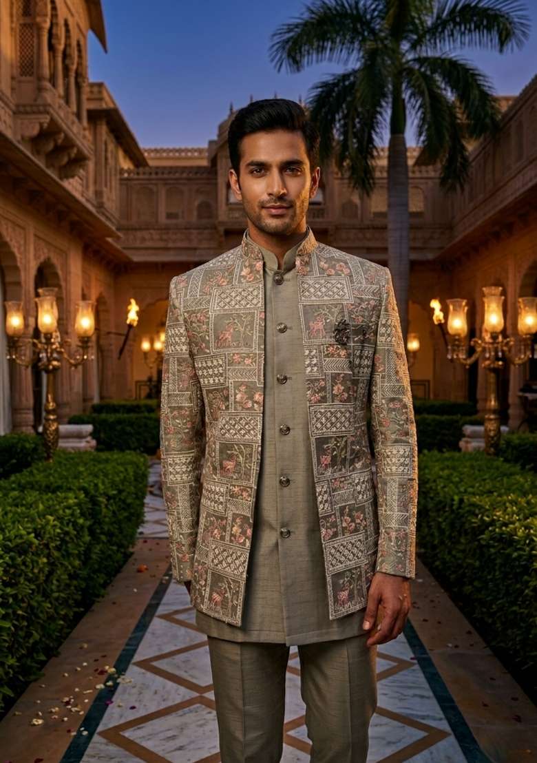 Grey Embroidery Silk Blend Indo Western For Men - Indya