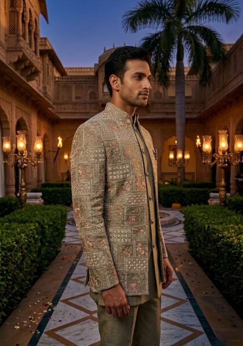 Grey Embroidery Silk Blend Indo Western For Men - Indya