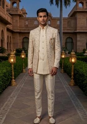 Beige Embroidery Silk Blend Indo Western For Men