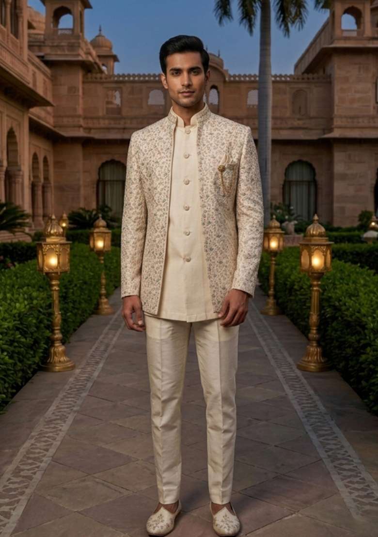 Beige Embroidery Silk Blend Indo Western For Men - Indya