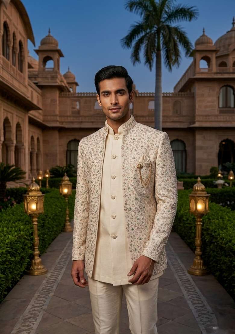 Beige Embroidery Silk Blend Indo Western For Men - Indya
