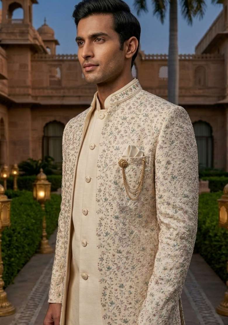 Beige Embroidery Silk Blend Indo Western For Men - Indya