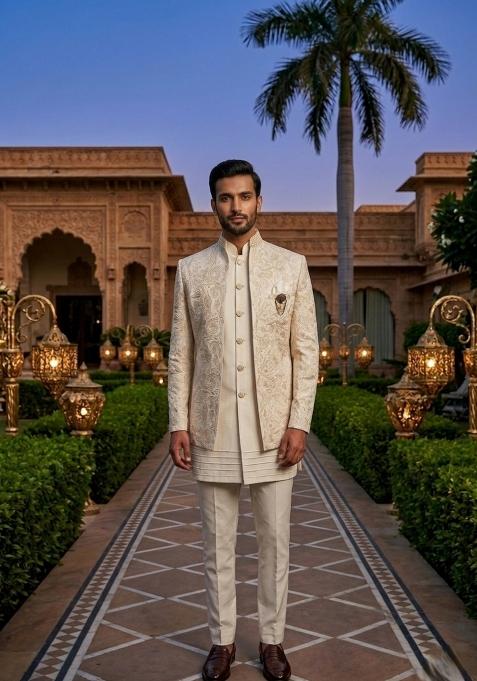 White Embroidery Silk Indo Western For Men
