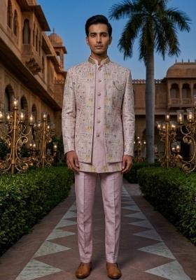 Pink Embroidery Silk Blend Indo Western For Men