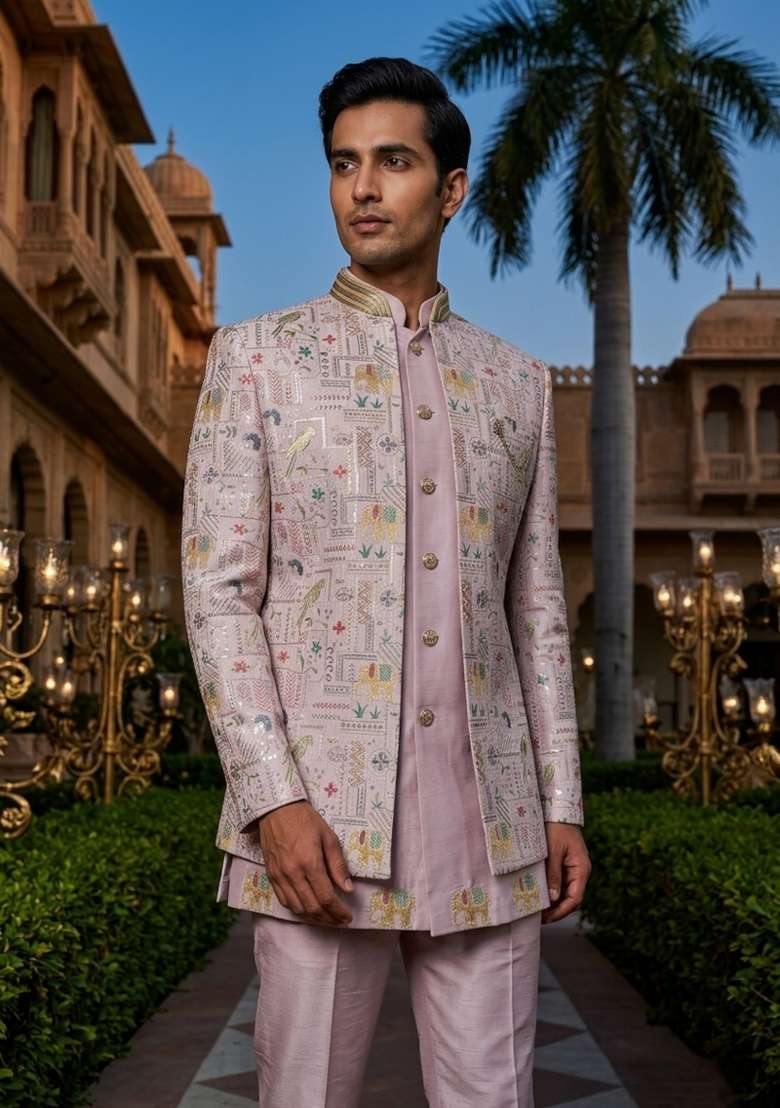 Pink Embroidery Silk Blend Indo Western For Men - Indya