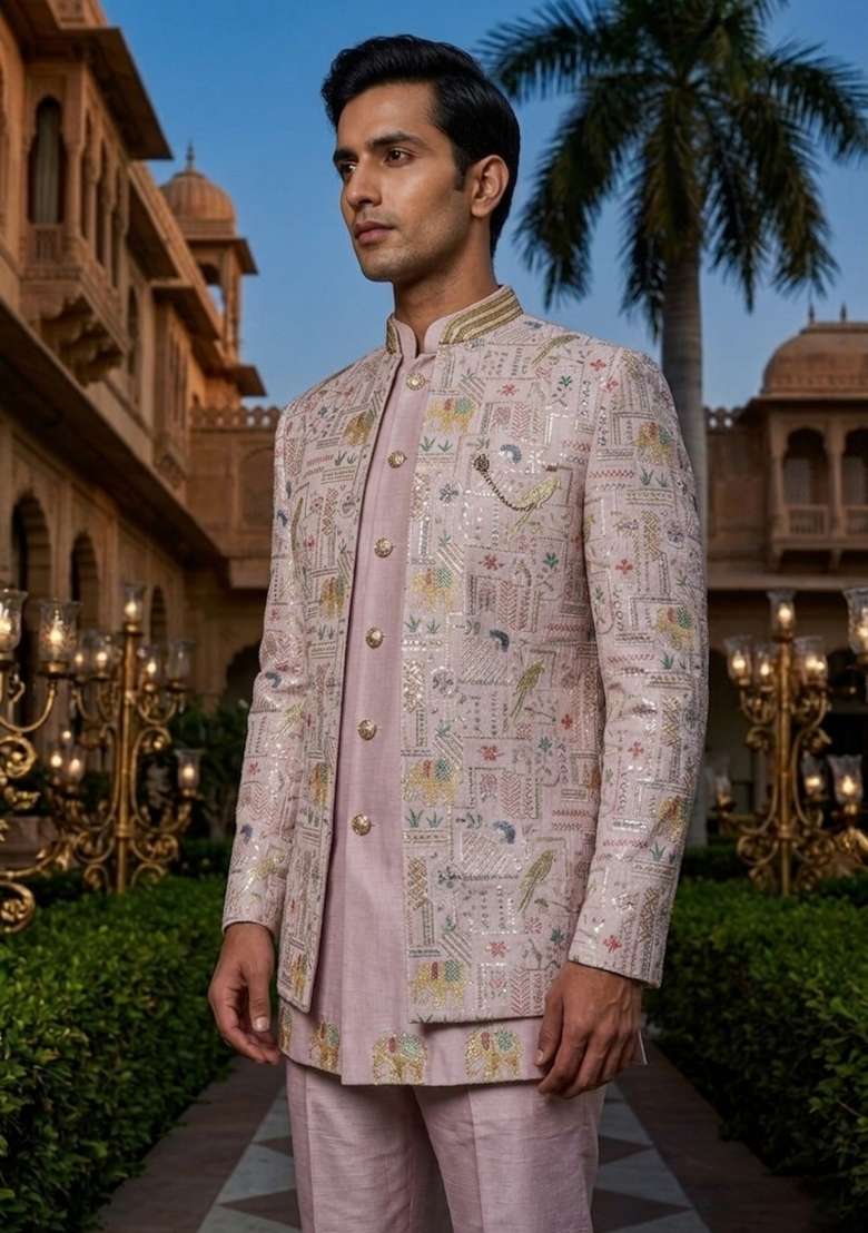 Pink Embroidery Silk Blend Indo Western For Men - Indya