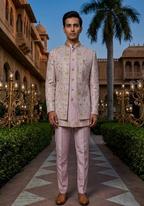 Pink Embroidery Silk Indo Western For Men