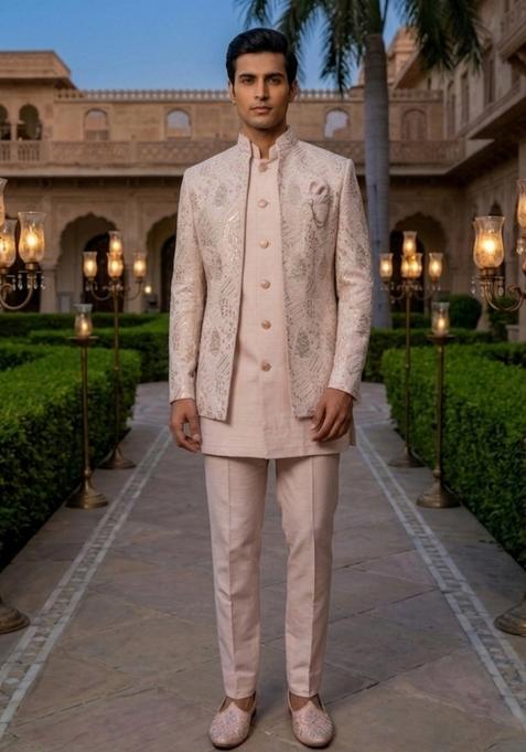 Pink Embroidery Silk Indo Western For Men