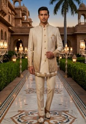 Yellow Embroidery Silk Blend Indo Western For Men