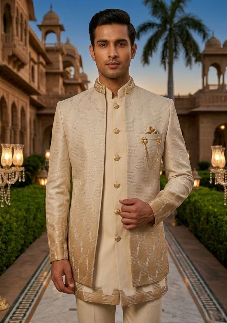 Yellow Embroidery Silk Blend Indo Western For Men - Indya