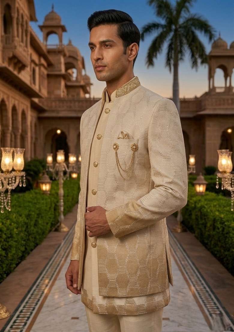 Yellow Embroidery Silk Blend Indo Western For Men - Indya