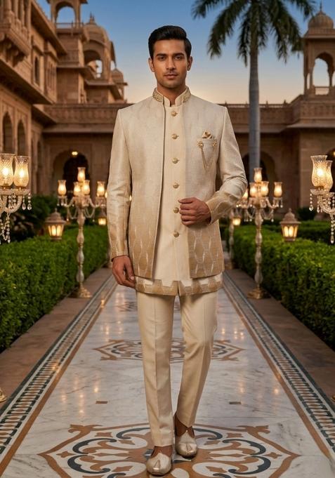 Yellow Embroidery Silk Indo Western For Men