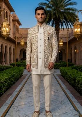 White Embroidery Silk Blend Indo Western For Men