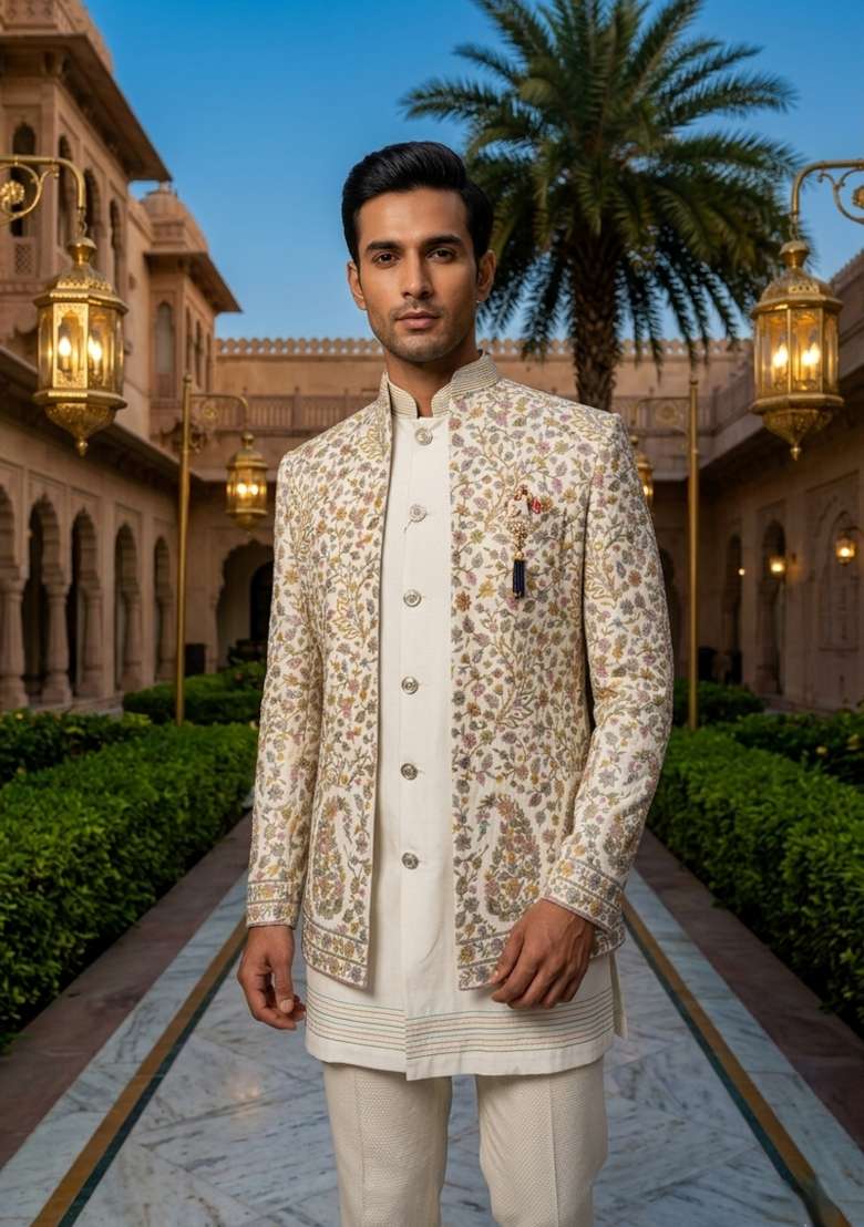 White Embroidery Silk Blend Indo Western For Men - Indya