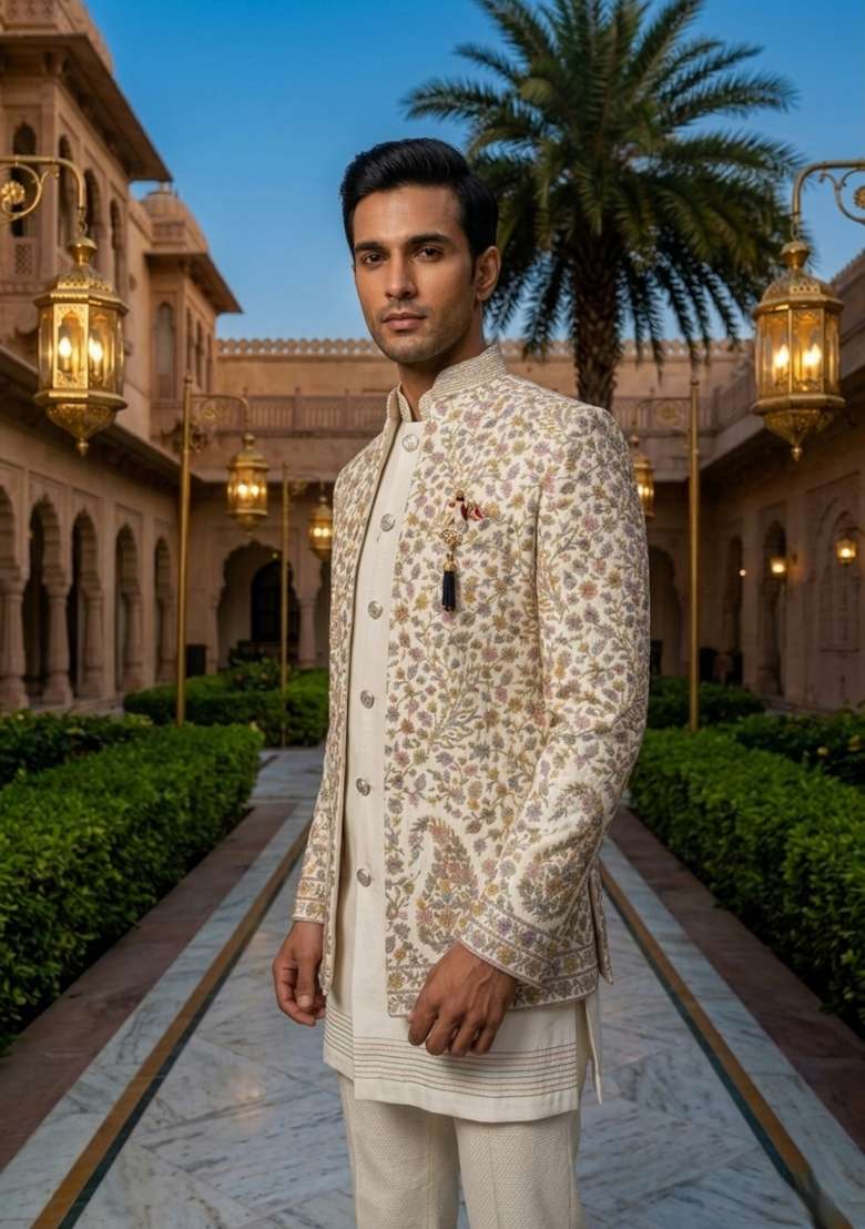 White Embroidery Silk Blend Indo Western For Men - Indya