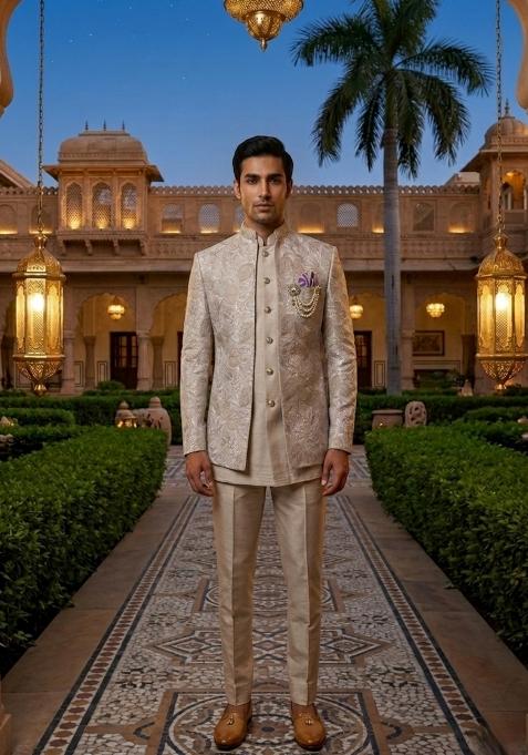 Pink Embroidery Silk Indo Western For Men