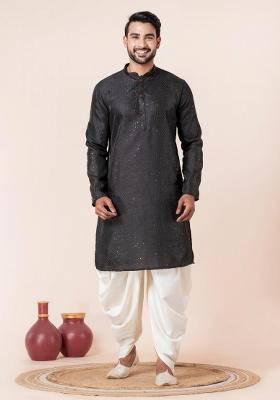 Black Embroidery Bangalorian Kurta Dhoti Set For Men