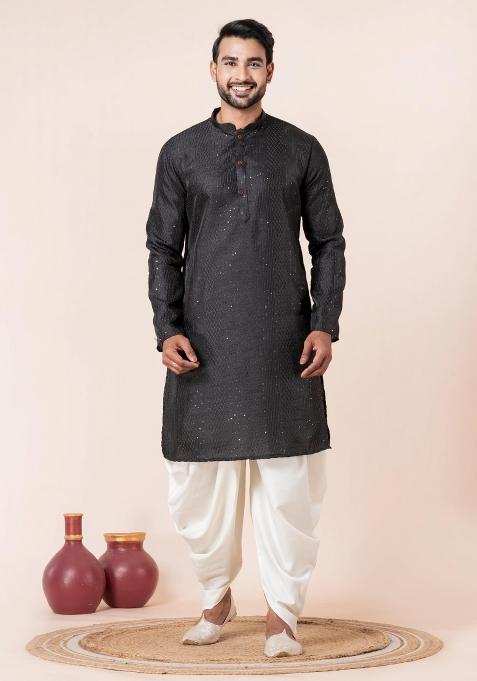 Black Embroidery Bangalorian Kurta Dhoti Set For Men