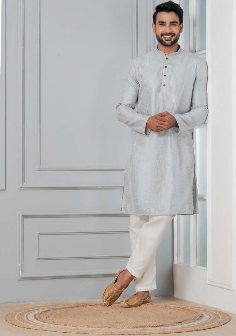 Grey Embroidery Bangalorian Kurta Pyjama Set For Men - Indya