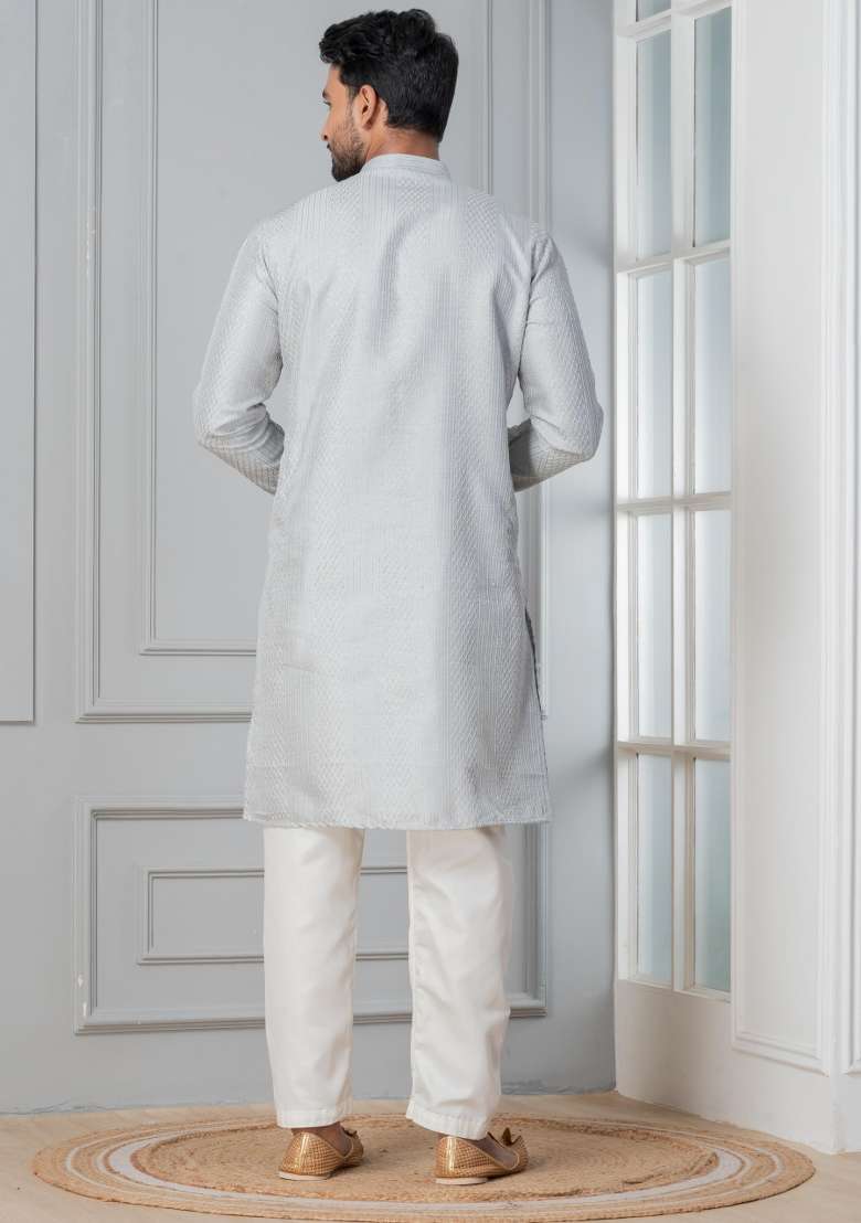 Grey Embroidery Bangalorian Kurta Pyjama Set For Men - Indya
