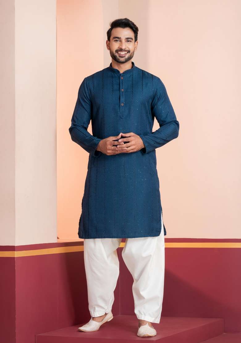 Blue Embroidery Bangalorian Kurta For Men - Indya
