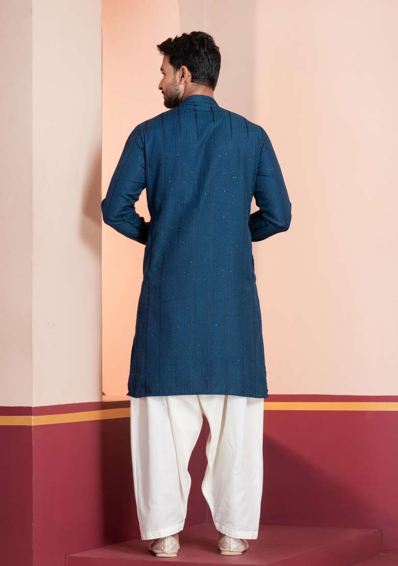 Blue Embroidery Bangalorian Kurta For Men - Indya
