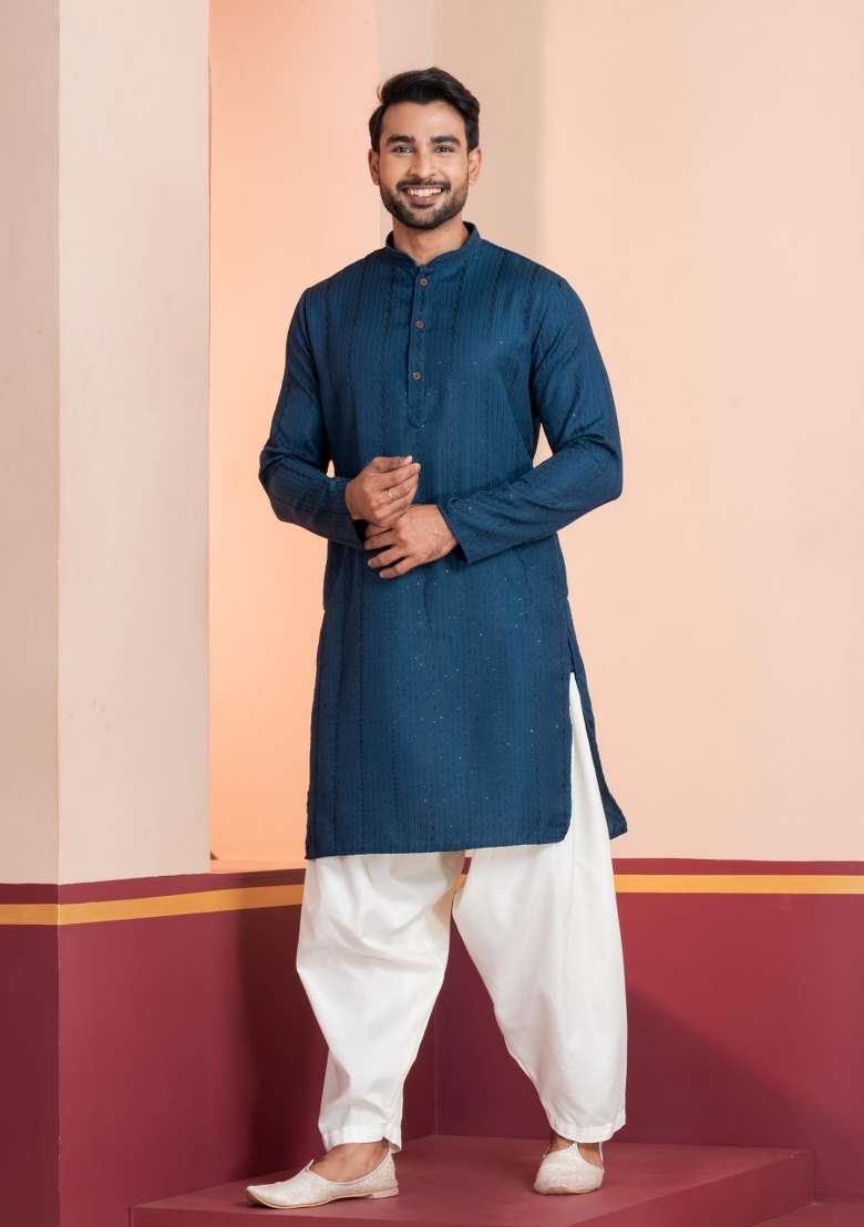 Blue Embroidery Bangalorian Kurta For Men - Indya