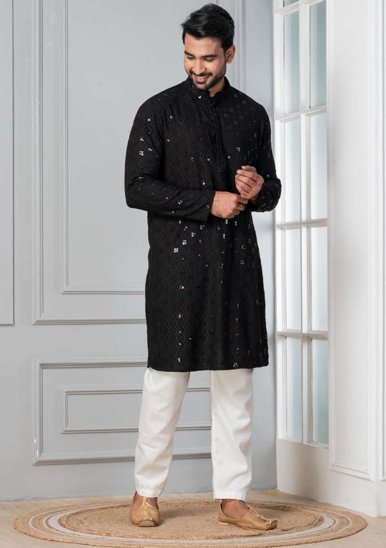Black Embroidery Cotton Kurta Pyjama Set For Men - Indya
