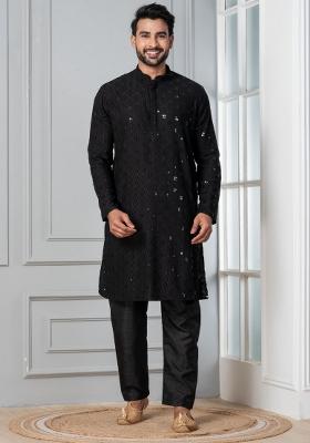 Black Embroidery Cotton Kurta Pyjama Set For Men