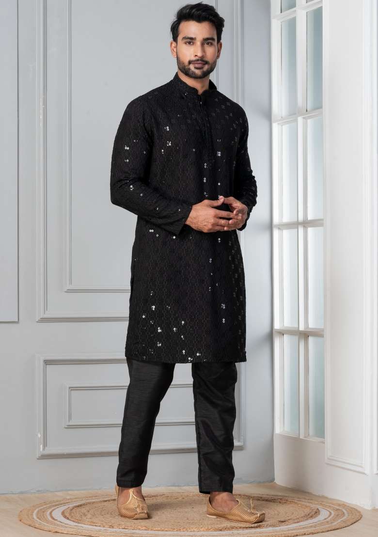 Black Embroidery Cotton Kurta Pyjama Set For Men - Indya