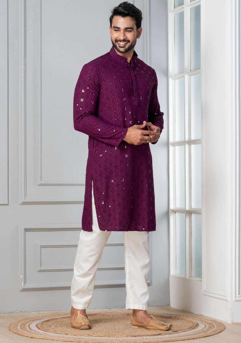 Purple Embroidery Cotton Kurta For Men - Indya