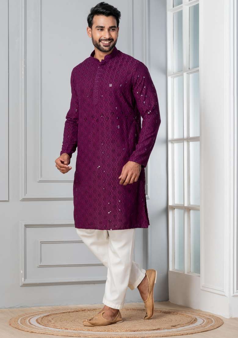 Purple Embroidery Cotton Kurta For Men - Indya