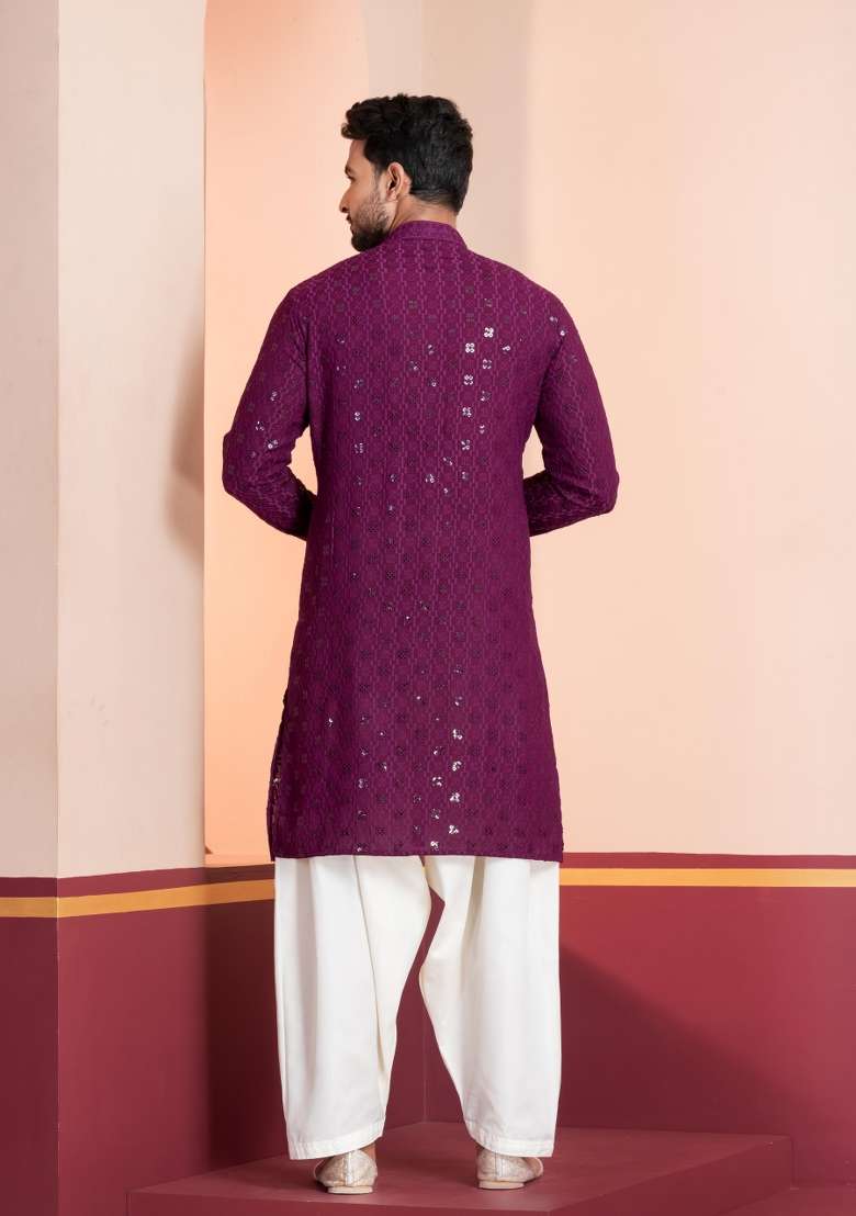 Purple Embroidery Cotton Kurta Patiala Set For Men - Indya