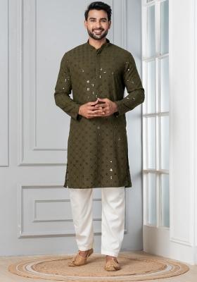 Olive Embroidery Cotton Kurta Pyjama Set For Men