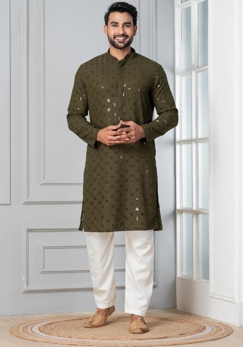 Olive Embroidery Cotton Kurta Pyjama Set For Men
