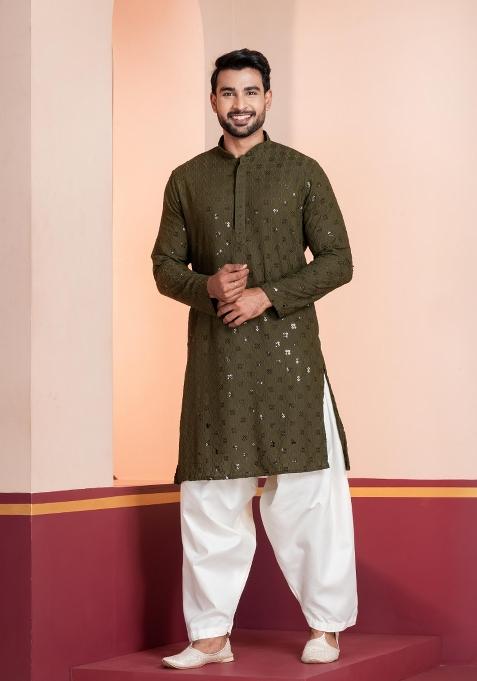 Olive Embroidery Cotton Kurta Patiala Set For Men