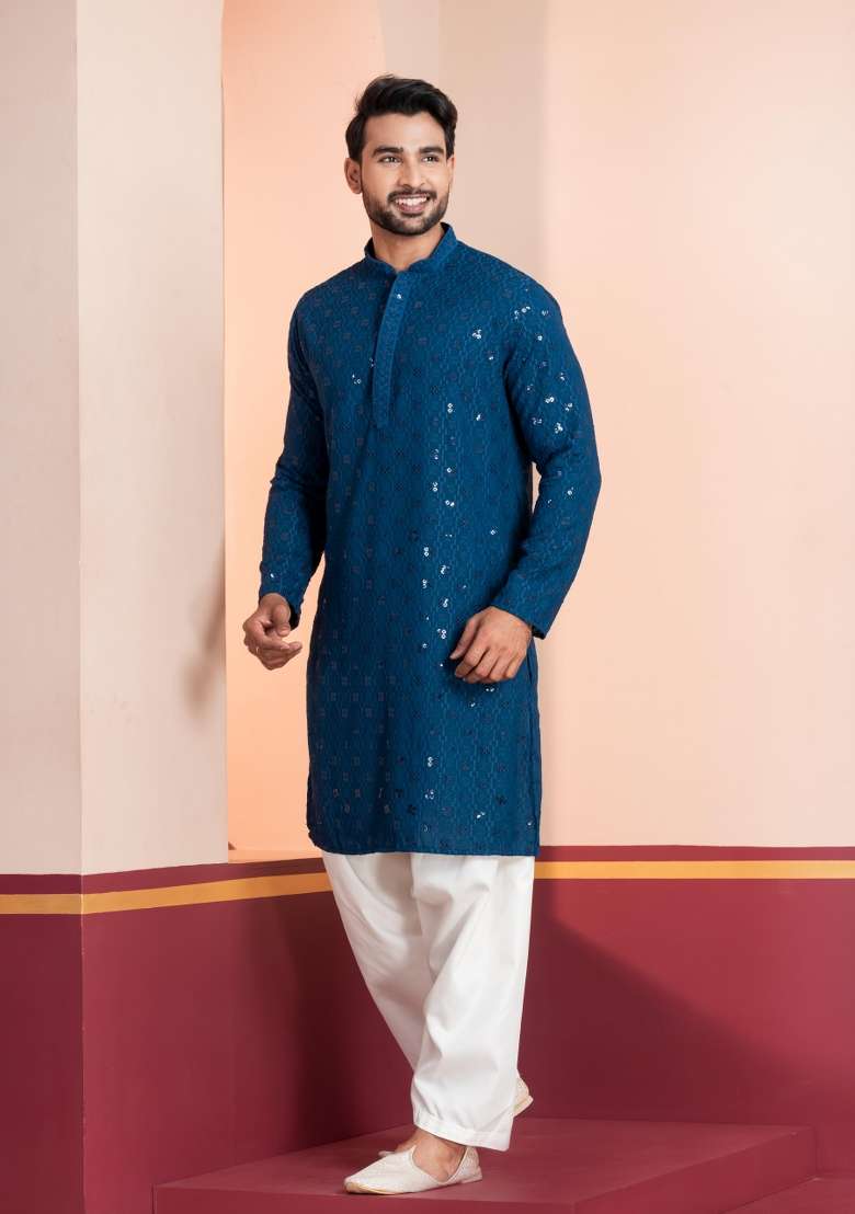 Blue Embroidery Cotton Kurta For Men - Indya