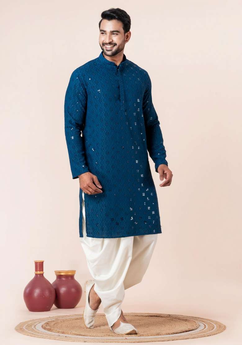 Blue Embroidery Cotton Kurta Dhoti Set For Men - Indya