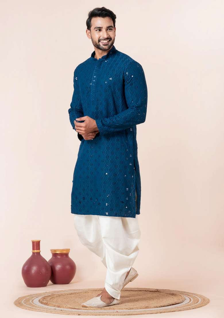 Blue Embroidery Cotton Kurta Dhoti Set For Men - Indya