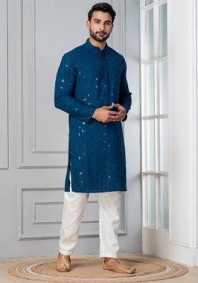 Blue Embroidery Cotton Kurta Pyjama Set For Men