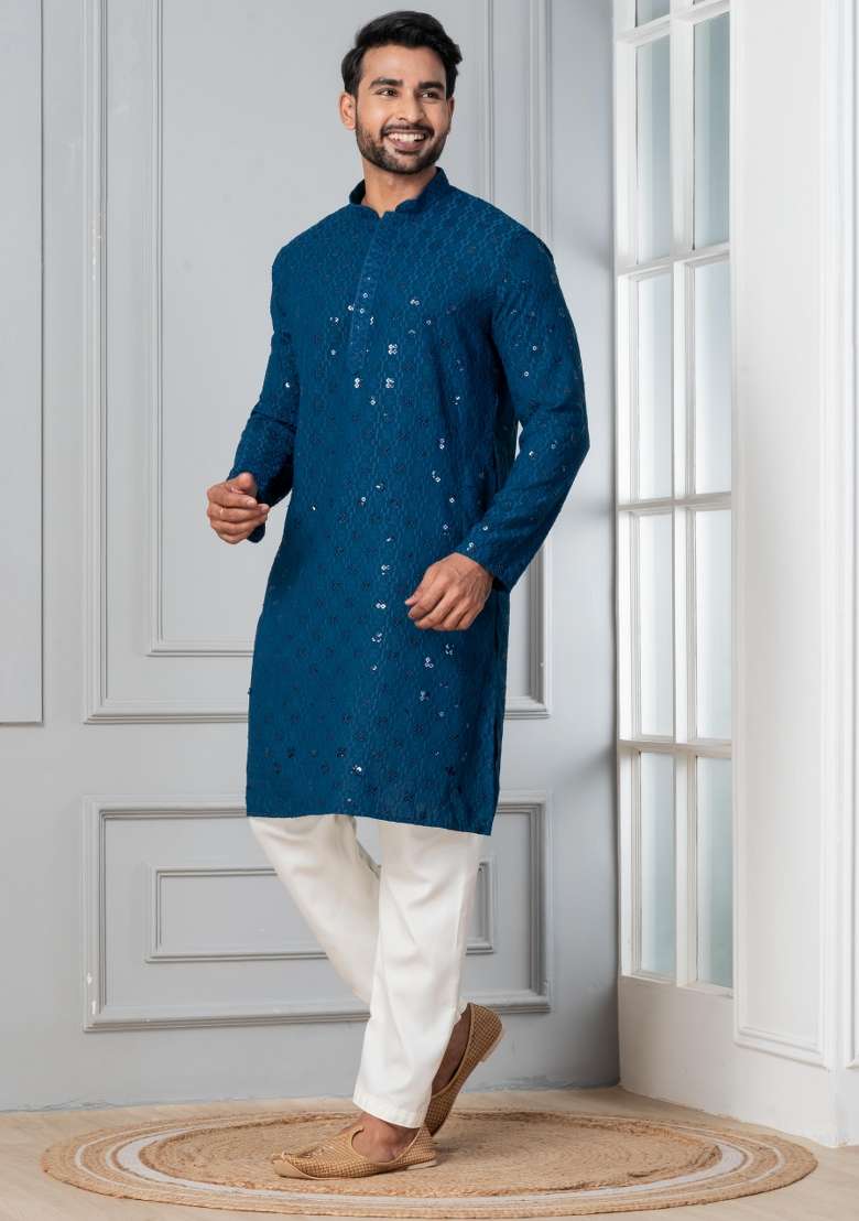 Blue Embroidery Cotton Kurta Pyjama Set For Men - Indya