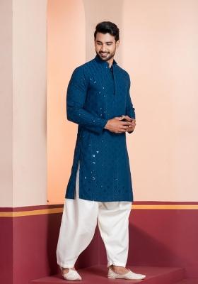 Blue Embroidery Cotton Kurta Patiala Set For Men