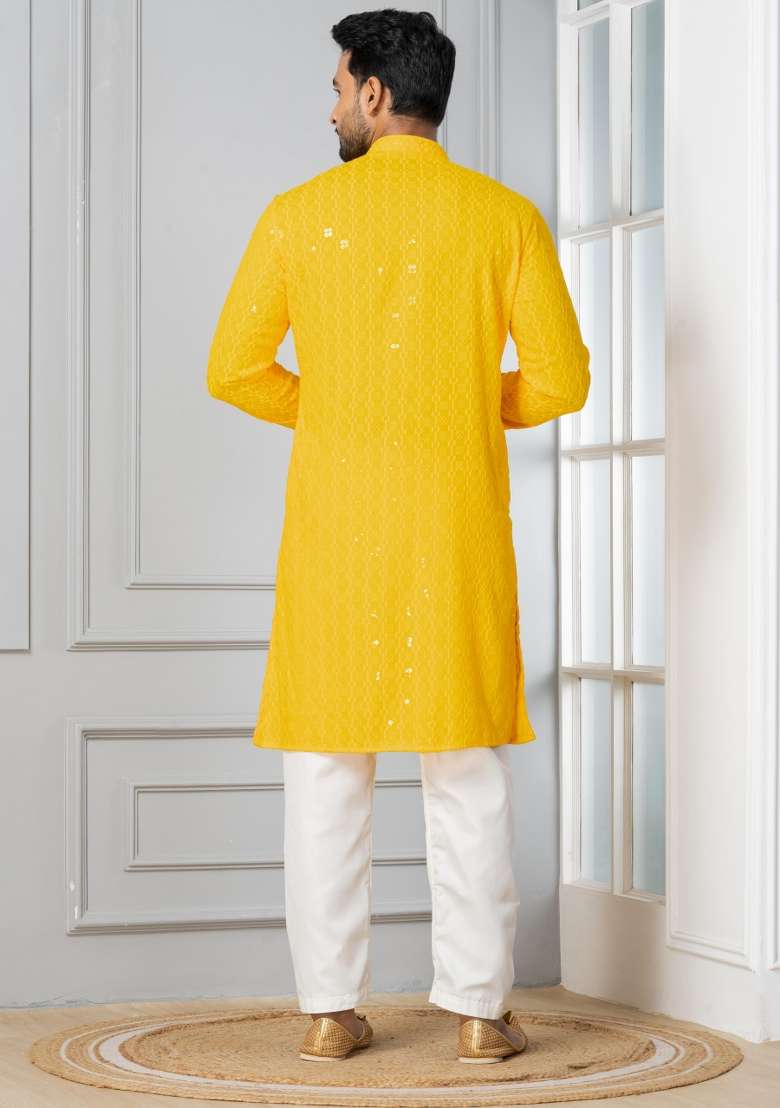 Yellow Embroidery Cotton Kurta For Men - Indya