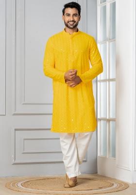 Yellow Embroidery Cotton Kurta Pyjama Set For Men