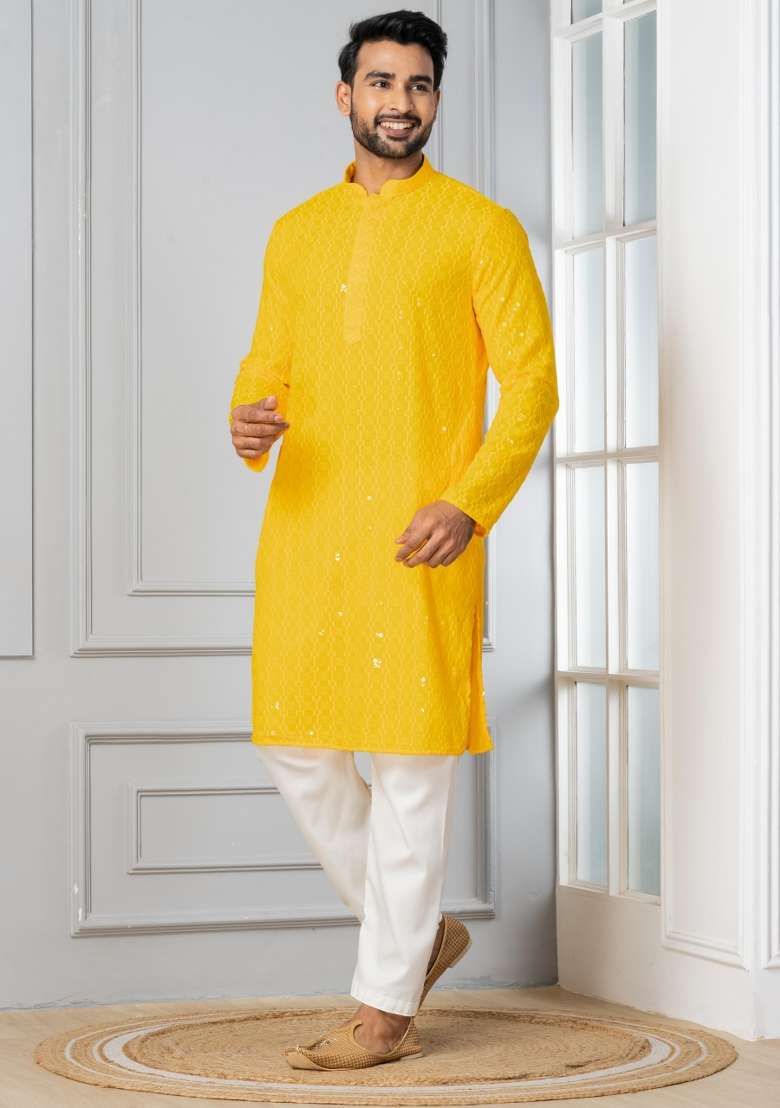 Yellow Embroidery Cotton Kurta Pyjama Set For Men - Indya