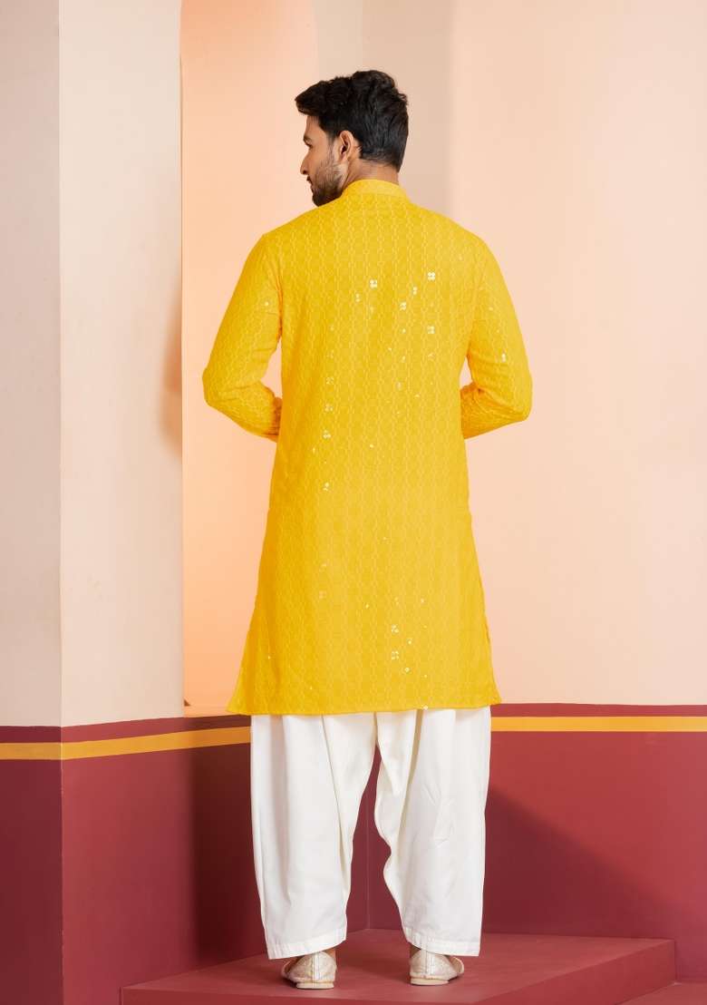 Yellow Embroidery Cotton Kurta Patiala Set For Men - Indya