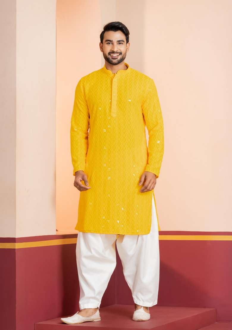 Yellow Embroidery Cotton Kurta Patiala Set For Men - Indya