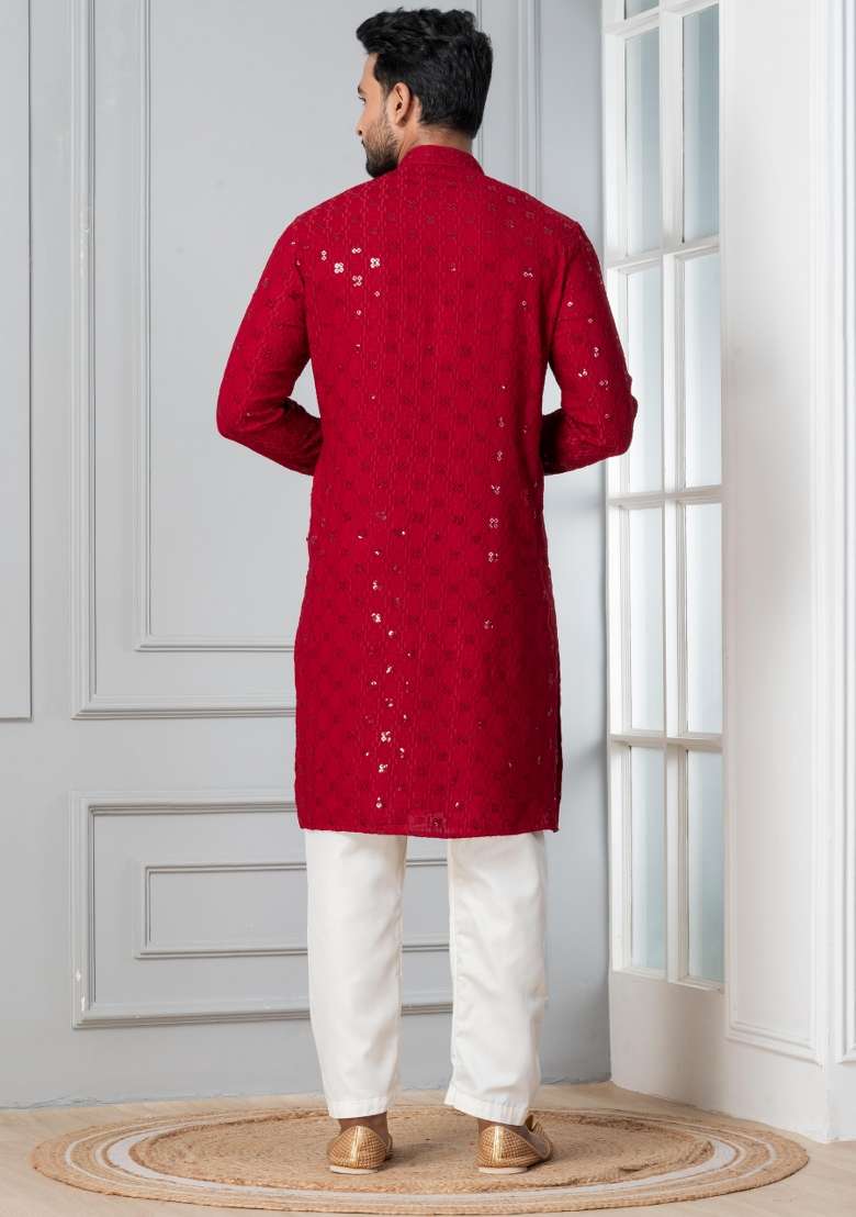 Red Embroidery Cotton Kurta Pyjama Set For Men - Indya