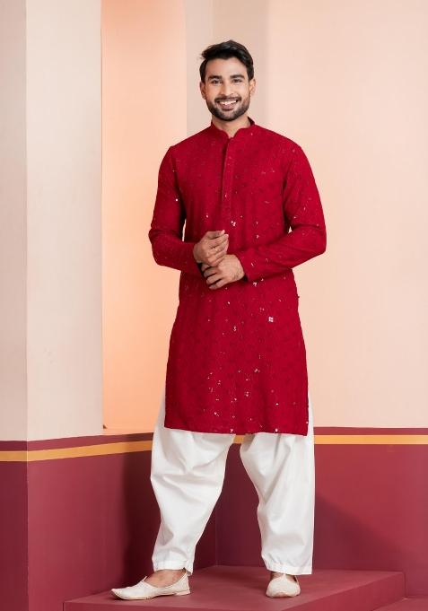 Red Embroidery Cotton Kurta Patiala Set For Men