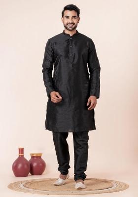 Black Solid Silk Blend Kurta For Men